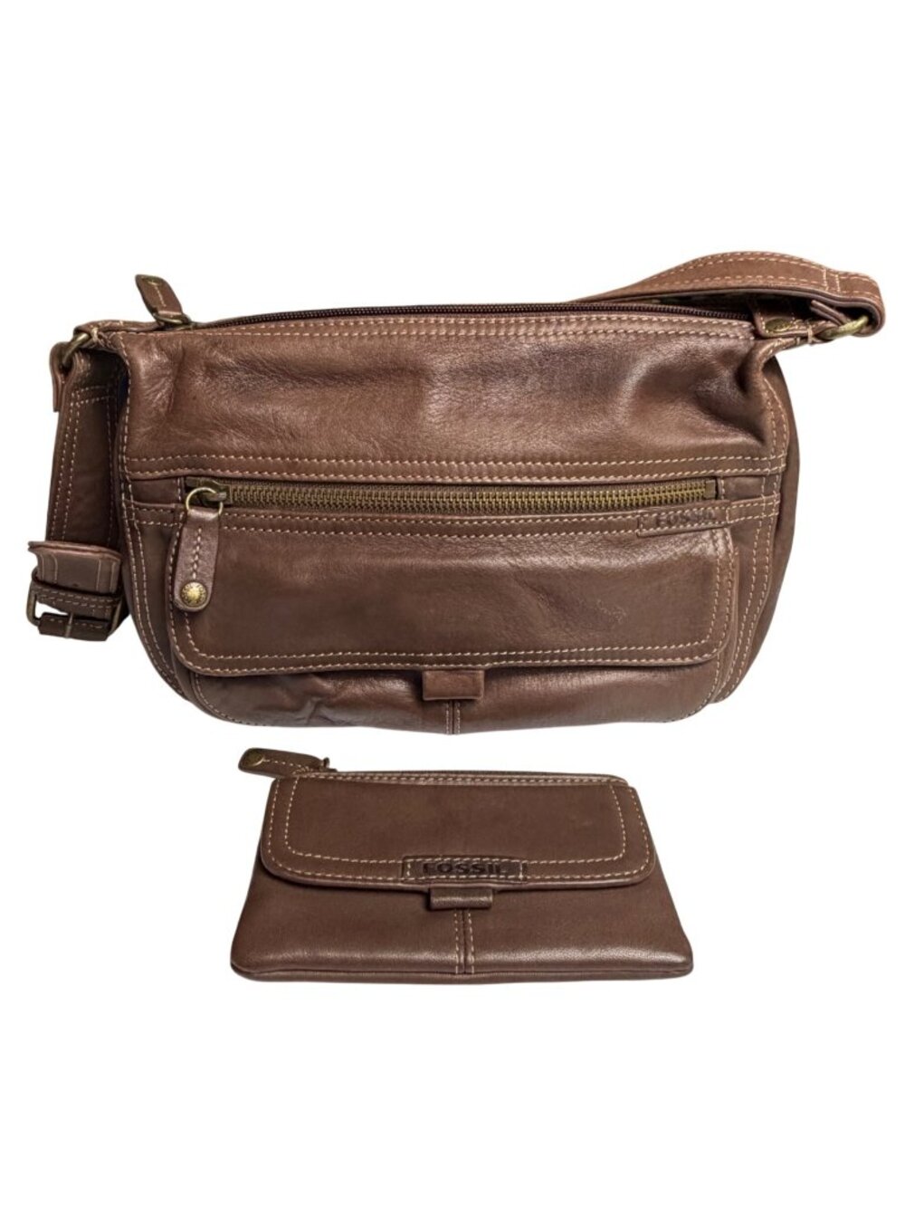 Vintage Fossil Brown Leather Shoulder Bag With Matching Wallet Multi Pockets